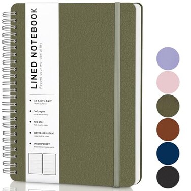 LACCHOUFEE Lined Spiral Journal Notebook A5 Hardcover Leather Notebook for Work 5782 100GSM Thick Paper Spiral Bound Journaling Notebooks for Women Men Office School Note Taking Business Green