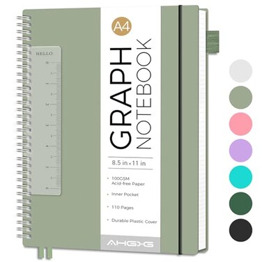 AHGXG Graph Paper Notebook Spiral Notebook 85 x 11 A4 Large Graph Notebook 100 gsm Thick Grid Paper Waterproof Plastic Cover Journals for School Writing Engineering Math Sage Green