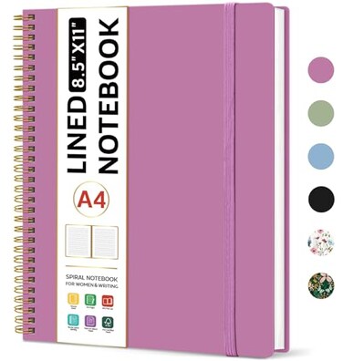 Taja Spiral Lined Notebook 85x11 Notebooks for Work Large A4 Journal for Women Men College Ruled Journaling Notebook for Writing Plastic Cover Spiral Journal Purple