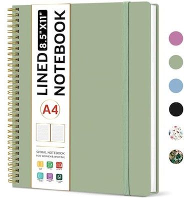 Taja Spiral Lined Notebook 85x11 Notebooks for Work Large A4 Journal for Women Men College Ruled Journaling Notebook for Writing Plastic Cover Spiral Journal Green