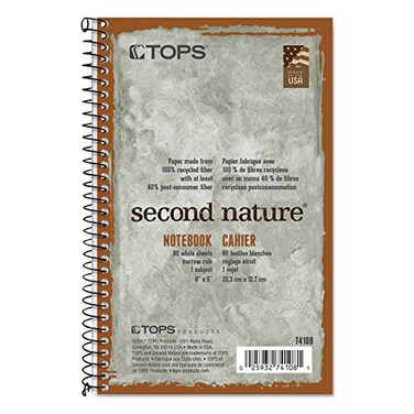 TOPS Second Nature Notebook Recycled 5 x 8 Inches Narrow Rule 80 Sheets per Book Green Cover 74108