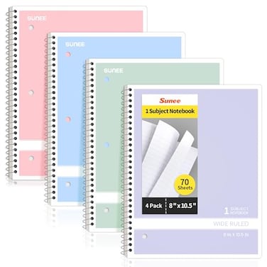 SUNEE Spiral Notebooks Wide Ruled 1Subject 4 Pack 8 x 1012 in 70 Sheets 3Hole Punched 70gsm Paper Pastel Pink Purple Blue Green for School Home Office Writing Journal