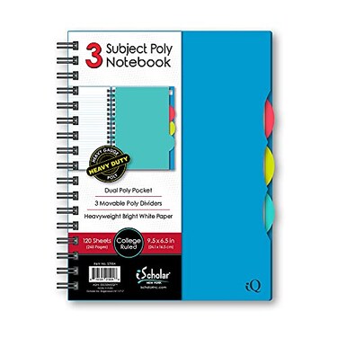 iScholar iQ 3 Subject Poly Cover Double Wire Notebook College Rule 95 x 65 Inches 120 Sheets Color May Vary 57904