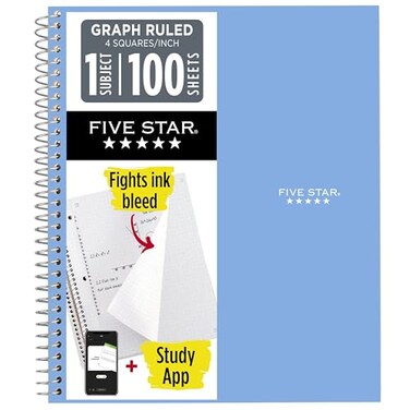Five Star Spiral Notebook Study App 1 Subject Graph Ruled Paper 812 x 11 100 Sheets Fights Ink Bleed Water Resistant Cover Tidewater Blue 06190AA4