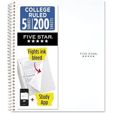 Five Star Spiral Notebook Study App 5 Subject College Ruled Paper 812 x 11 200 Sheets Fights Ink Bleed Water Resistant Cover White 72460