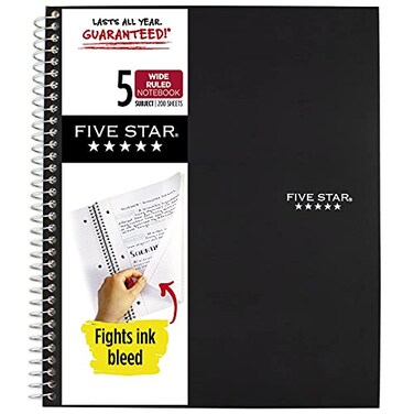 Five Star Spiral Notebook 5 Subject Wide Ruled Paper Fights Ink Bleed Water Resistant Cover 8 x 1012 200 Sheets Color Will Vary 05206