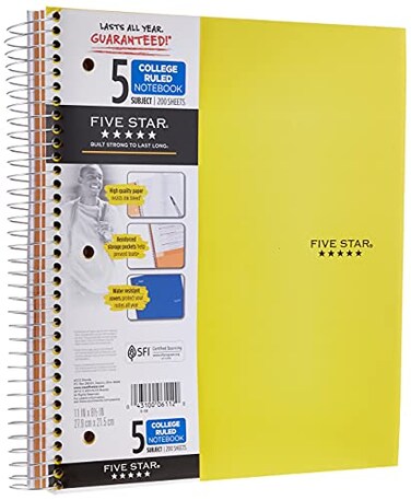 Five Star Spiral Notebooks 5 Subject College Ruled Paper 200 Sheets 11 x 812 Teal Yellow 2 Pack 73509