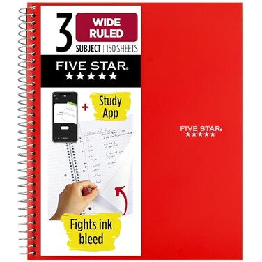 Five Star Spiral Notebook Study App 3 Subject Wide Ruled Paper 1012 x 8 150 Sheets Red 72029