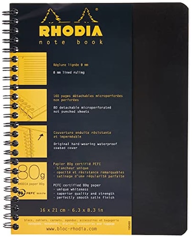 Rhodia 193469C Spiral Notebook Full Bound Black Notebook A5 Ruled 160 Detachable Pages Clairefontaine Paper 80 gm Soft and Resistant Coated Card Cover Classic