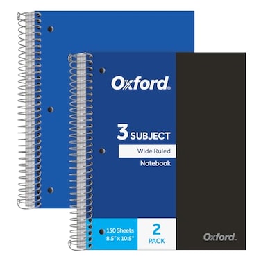 Oxford Spiral Notebooks 3Subject Wide Ruled Paper Durable Plastic Cover 150 Sheets 3 Divider Pockets 2 per Pack 10385