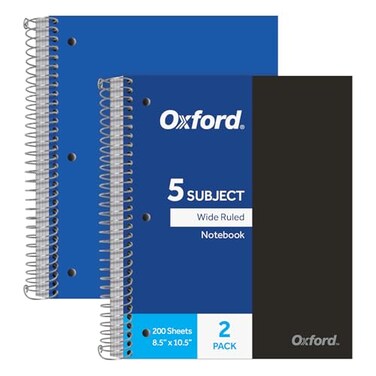 Oxford Spiral Notebooks 5Subject Writing Journals Wide Ruled Paper Durable Plastic Cover 200 Sheets 5 Durable Divider Pockets 2 Pack Black and Blue 10387
