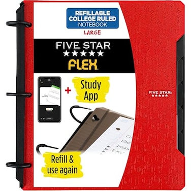 Five Star Flex Refillable Notebook Study App College Ruled Paper and 1 Inch TechLock Ring Binder with Pockets Tabs and Dividers 200 Sheet Capacity Fire Red 29328AB2