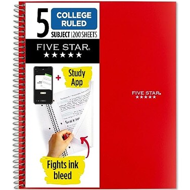 Five Star Spiral Notebook Study App 5 Subject College Ruled Paper Fights Ink Bleed Water Resistant Cover 812 x 11 200 Sheets Color Will Vary 06208