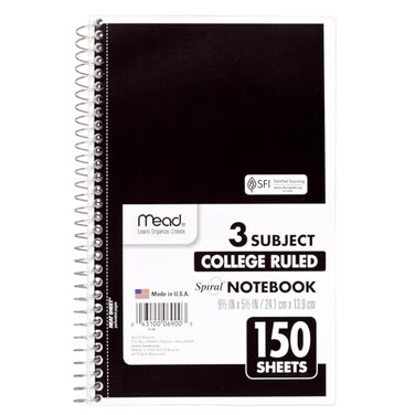 Mead Small Spiral Notebook 3Subject College Ruled Paper 912 x 512 150 Sheets per Notebook Color Will Vary 1 Count 06900