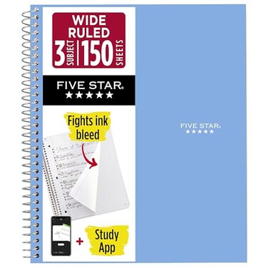 Five Star Spiral Notebook Study App 3 Subject Wide Ruled Paper 8 x 1012 150 Sheets Fights Ink Bleed Water Resistant Cover Tidewater Blue 73184