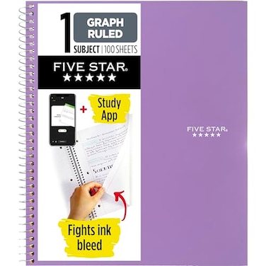 Five Star Spiral Notebook Study App 1 Subject Graph Ruled Paper 812 x 11 100 Sheets Fights Ink Bleed Water Resistant Cover Amethyst Purple 620000CF1