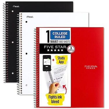 Five Star Spiral Notebooks Study App 3 Pack 1 Subject College Ruled Paper Pockets 100 Sheets Home School Supplies for College Student or K12 11 x 812 Black White Red 73055