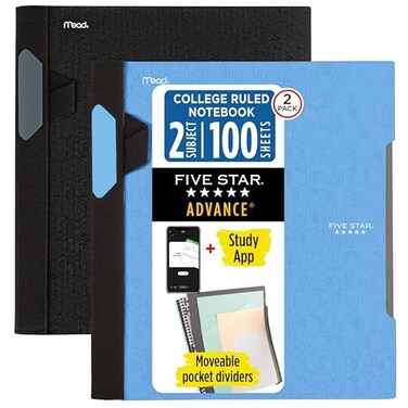 Five Star Advance Spiral Notebooks Study App 2 Pack 1 Subject College Ruled Paper 11 x 812 100 Sheets With Spiral Guard and Movable Dividers Black Pacific Blue 820112