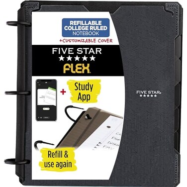 Five Star Flex Refillable Notebook Study App College Ruled Paper and 1 Inch TechLock Ring Binder with Customizable Cover Pockets Tabs and Dividers 200 Sheet Capacity Black 29326AA2