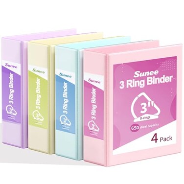 SUNEE 3 Ring Binder 3 Inch D Ring Clear View Binder Three Ring PVCFree Fit 85x11 Inches for School or Office Supplies Assorted Pastel 4 Pack