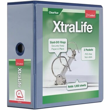 Cardinal 3 Ring Binder 5 Inch Heavy Duty XtraLife Binder Locking SlantD Rings CrackResistant Cover Spine ClearVue Covers with Shelf Pull Holds 1100 Sheets Blue 26352