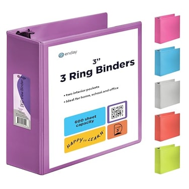 Enday 3 Inch Binder 3 Ring Binders Purple Slant DRing 3 Clear View Cover with 2 Inside Pockets Heavy Duty Colored School Supplies Office and Home Binders