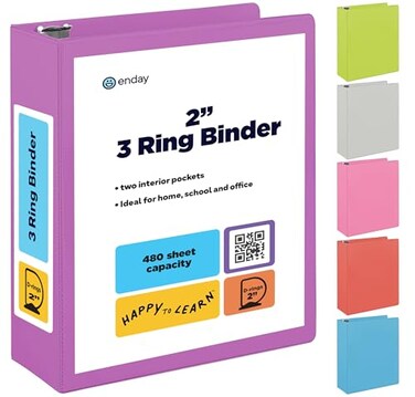 Enday 2 Inch 3 Ring Binder 2 Purple Slant DRing 2 in Binder Clear View Cover with 2 Inside Pockets Heavy Duty Colored School Supplies Office and Home Binders By