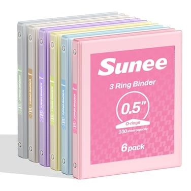 SUNEE 12 Inch Binders 3 Ring 6 Pack 3 Ring Binders Clear View PVCFree Bulk Fit 85x11 Inches for School or Office Supplies Pastel Binder