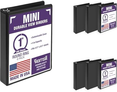 Samsill Economy 1 Inch Mini 3 Ring Binder Round Ring Binder Holds 55 x 85 Inch Documents 1 Storage 6Pack Black