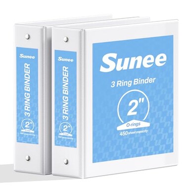 SUNEE 3 Ring Binder 2 Inch 2 Pack Clear View Three Ring PVCFree Fit 85x11 Inches for School or Office Supplies White