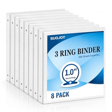 SUQJOY Durable 1inch 3Ring Binder 1 Inch Round Ring Binder with 2 Inside Pockets 8 Pack White Binder Clear View Cover Binder Holds 85 x 11Paper for OfficeHomeBack to School