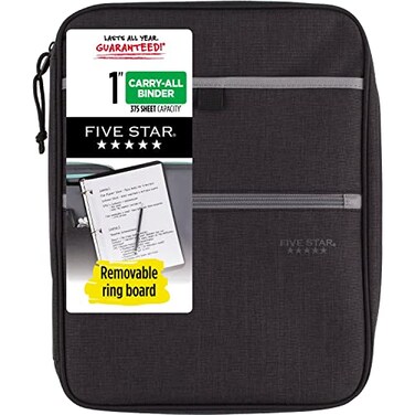 Five Star Zipper Binder 1 Inch 3Ring Binder with Round Rings CarryAll with Pockets and 4Tab Dividers 375 Sheet Capacity BlackGray 29092IT8