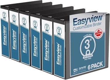 Davis Group Easyview Premium 3Ring Binders with ClearView Covers and Round Rings Binders for School or Office 3 Inch Pack of 6 Black