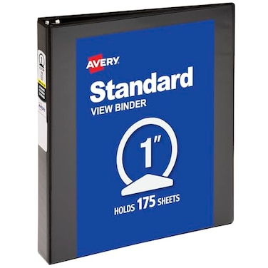 Avery Standard View 3 Ring Binder 1 Round Rings 175Sheet Capacity 14 Inch Wide Spine 1 Black Binder Ideal for Lightweight Organization and Occasional Referencing 05761