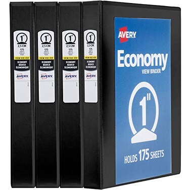 Avery Standard View 3 Ring Binders 1 Round Rings 175Sheet Capacity 14 Inch Wide Spine Black Binders Ideal for Lightweight Organization and Occasional Referencing 4Pack of 19203