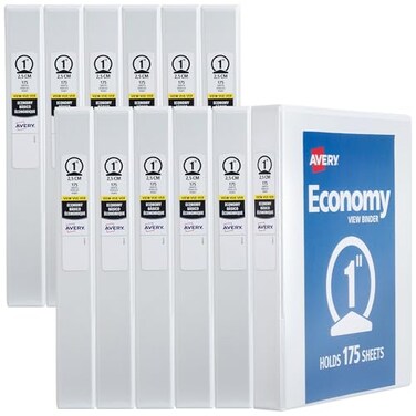 Avery Standard View 3 Ring Binders 1 Round Rings 175Sheet Capacity 14 Inch Wide Spine White Binders Ideal for Lightweight Organization and Occasional Referencing 12Pack of 05711