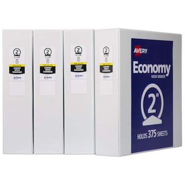 Avery Standard View 3 Ring Binders 2 Round Rings 375Sheet Capacity 28 Inch Wide Spine White Binders Ideal for Lightweight Organization and Occasional Referencing 4Pack of 19202