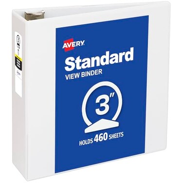 Avery Standard View 3 Ring Binder 3 Round Rings 460Sheet Capacity 35 Inch Wide Spine 1 White Binder Ideal for Lightweight Organization and Occasional Referencing 05741