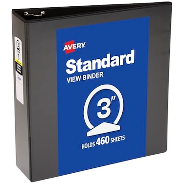 Avery Standard View 3 Ring Binder 3 Round Rings 460Sheet Capacity 35 Inch Wide Spine 1 Black Binder Ideal for Lightweight Organization and Occasional Referencing 05891