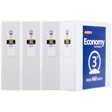 Avery Standard View 3 Ring Binders 3 Round Rings 460Sheet Capacity 35 Inch Wide Spine White Binders Ideal for Lightweight Organization and Occasional Referencing 4Pack of 03360