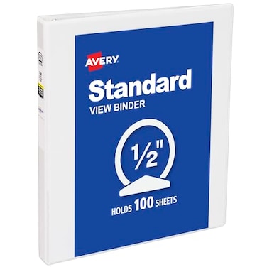 Avery Standard View 3 Ring Binder 05 Round Rings 100Sheet Capacity 07 Inch Wide Spine 1 White Binder Ideal for Lightweight Organization and Occasional Referencing 05706