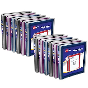 Avery FlexiView 3 Ring Binders 1 Inch Round Rings Assorted Colors Black Burgundy Navy Blue Pack of 12 Binders 17688