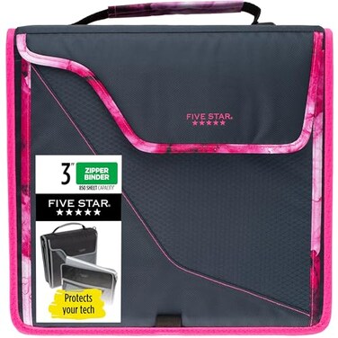 Five Star Zipper Binder 3 Inch 3Ring Binder with D Rings Removable Padded Case 5Tab Expanding File and MultiUse Strap 850 Sheet Capacity NavyPink 292960D