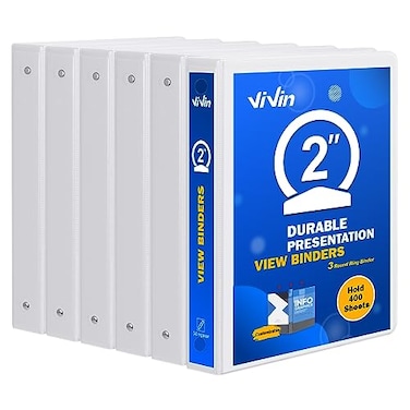 ViVin 3 Ring Binder 2 Inch Sturdy 2Round Ring Binder with 2 Interior Pockets Clear View Cover PVCFree Fits 400 Sheets of 85 x 11 Paper Office Home School 6 Pack White