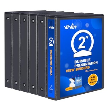 ViVin 3 Ring Binder 2 Inch Sturdy 2Round Ring Binder with 2 Interior Pockets Clear View Cover PVCFree Fits 400 Sheets of 85 x 11 Paper Office Home School 6 Pack Black