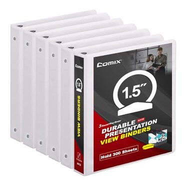 COMIX Sturdy 3 Ring Binder 15 inch with Clear View Cover 112 Round Ring View Binder PVCFree 24mmThick 300 Sheets Capacity of US Letter Size Paper Office School Supplies 6 Pack White