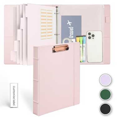 Etzul Hardcover 3 Ring 1 inch Leather Binder Letter Size Binder Dividers with Tabs PVC Zipper Pouch Professional Organizer Faux Rose Pink Leather