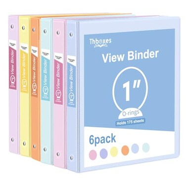Thboxes 3 Ring Binder 6 Pack 1 Inch Binder with 2 Interior Pockets Clear View Overlay Large Capacity Round Ring Binders for Office Supplies School Home 6 Colors