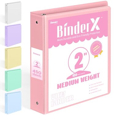 Sooez BinderX Extra Durable 3 Ring Binder Round Ring 2 Inch Binders Fits 450 Sheets of 85x11 Paper Customizable View Cover with Inside Pockets Cute 2 Binder School Supplies for Girls Pink