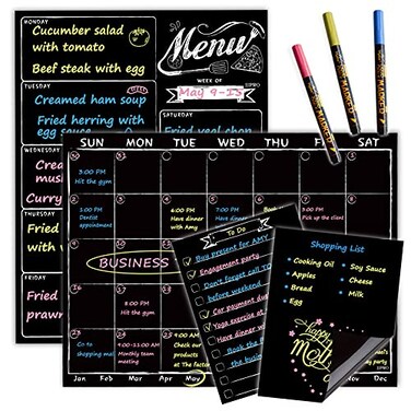 JJPRO Magnetic Chalkboard Monthly Calendar Weekly Meal Planning Blackboard Combo Set with Neon Bright Liquid Chalk Markers Bonus Grocery List and Notepad Blackboard for Refrigerator Included
